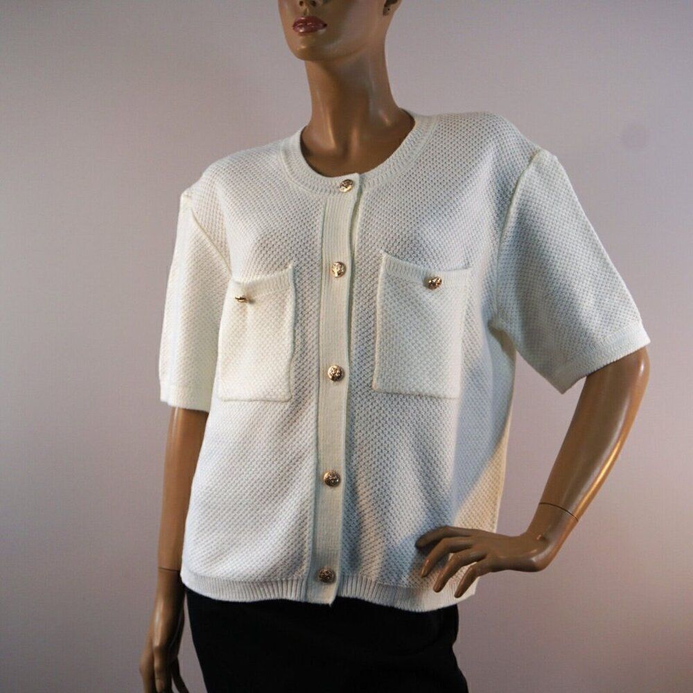 Pretty Garden Ivory Cardigan Sz XL Short Sleeve Golden Buttons New No Tags